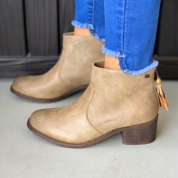 Tan Perforated Western Boho Chic Ankle Bootie - Picture 2 of 8